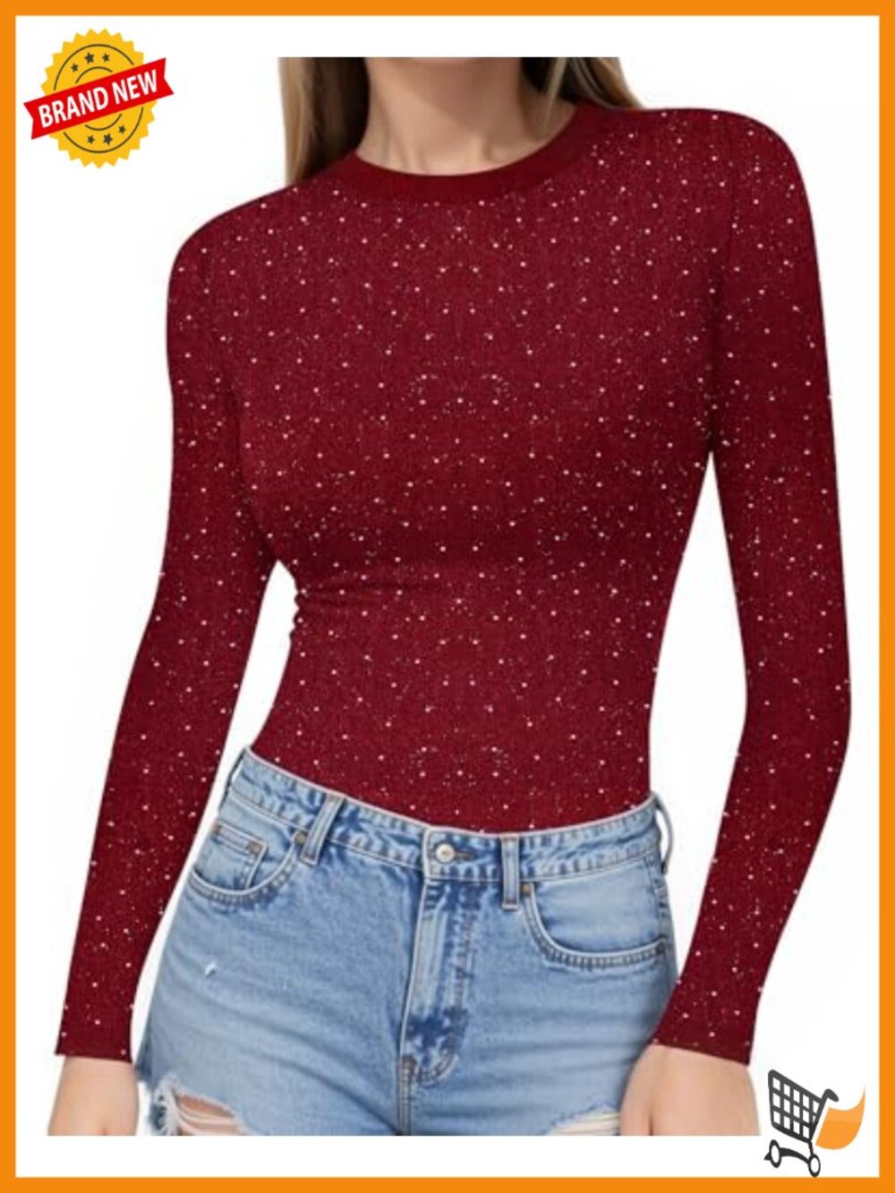 Long Sleeve Fitted Glitter Tee Crew Neck Seamless Basic Top